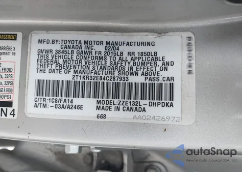 2004 Toyota Matrix Standard/Xr из США, поврежденный, VIN 2T1KR32E84C287933